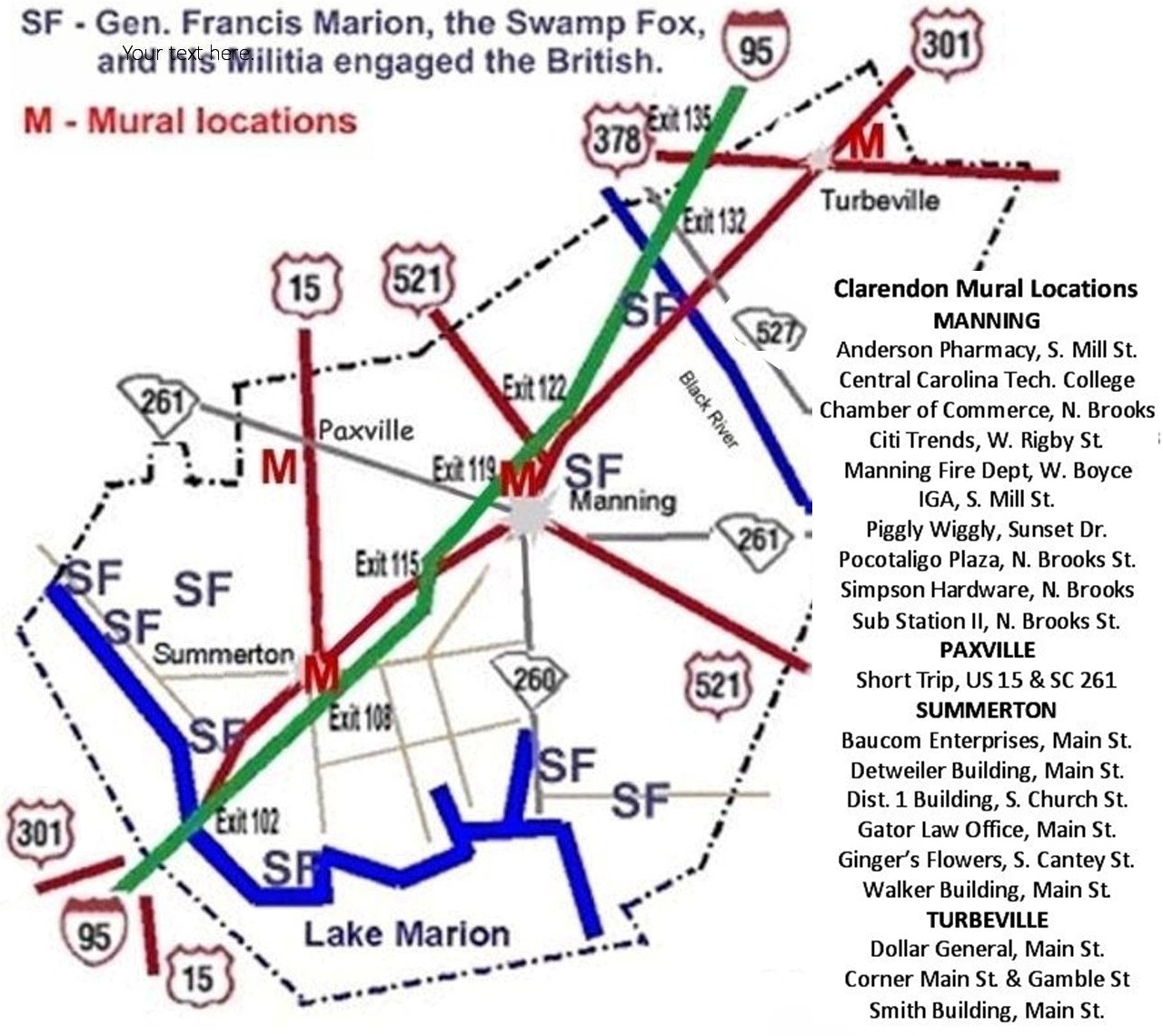 Francis Marion, Swamp Fox Murals are marked in red in 4 towns in Clarendon County, SC