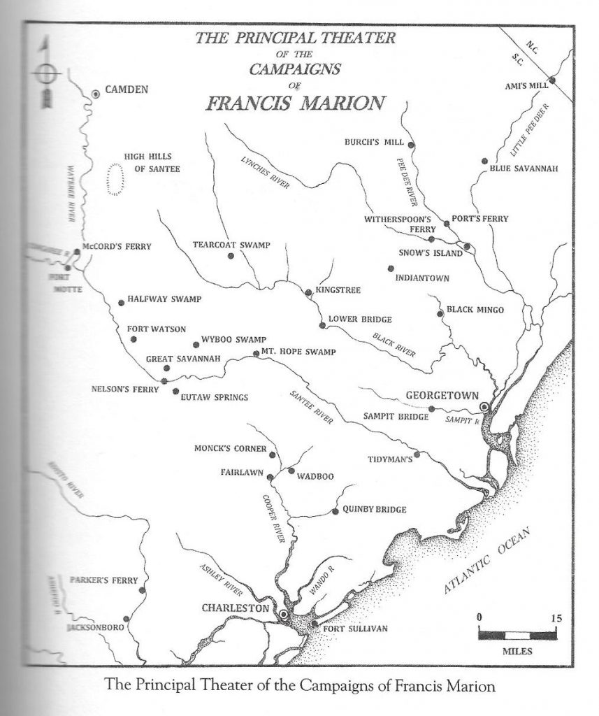Principal Theater of Campaigns of Francis Marion ( Map & book Credit: John Oller, The Swamp Fox: How Francis Marion Saved the American Revolution (Da Capo Press, 2016). Maps by Jim Legg
